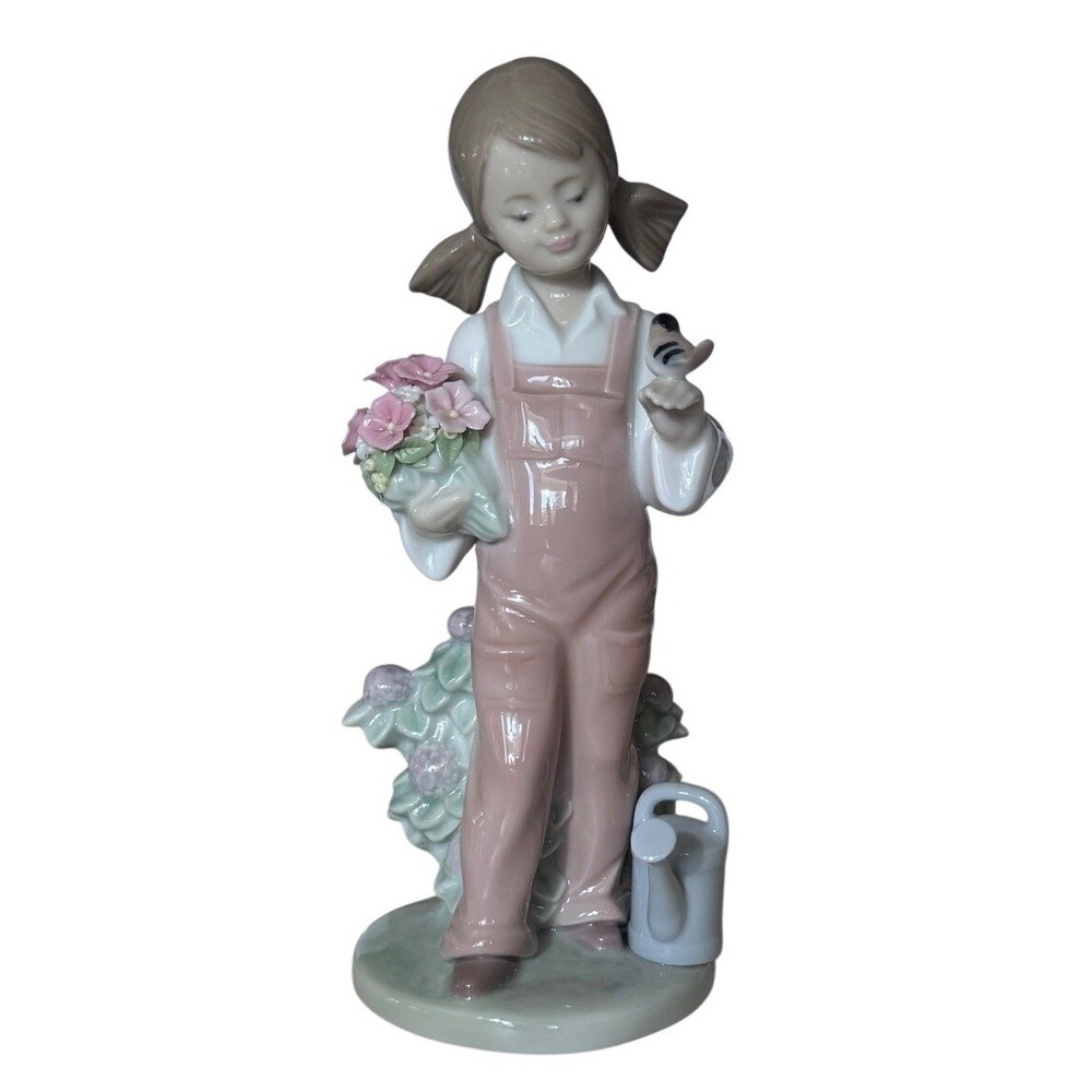 Lladro Spring Is Here‎ Girl in Overalls with Flowers Bird Figurine 5223 9in